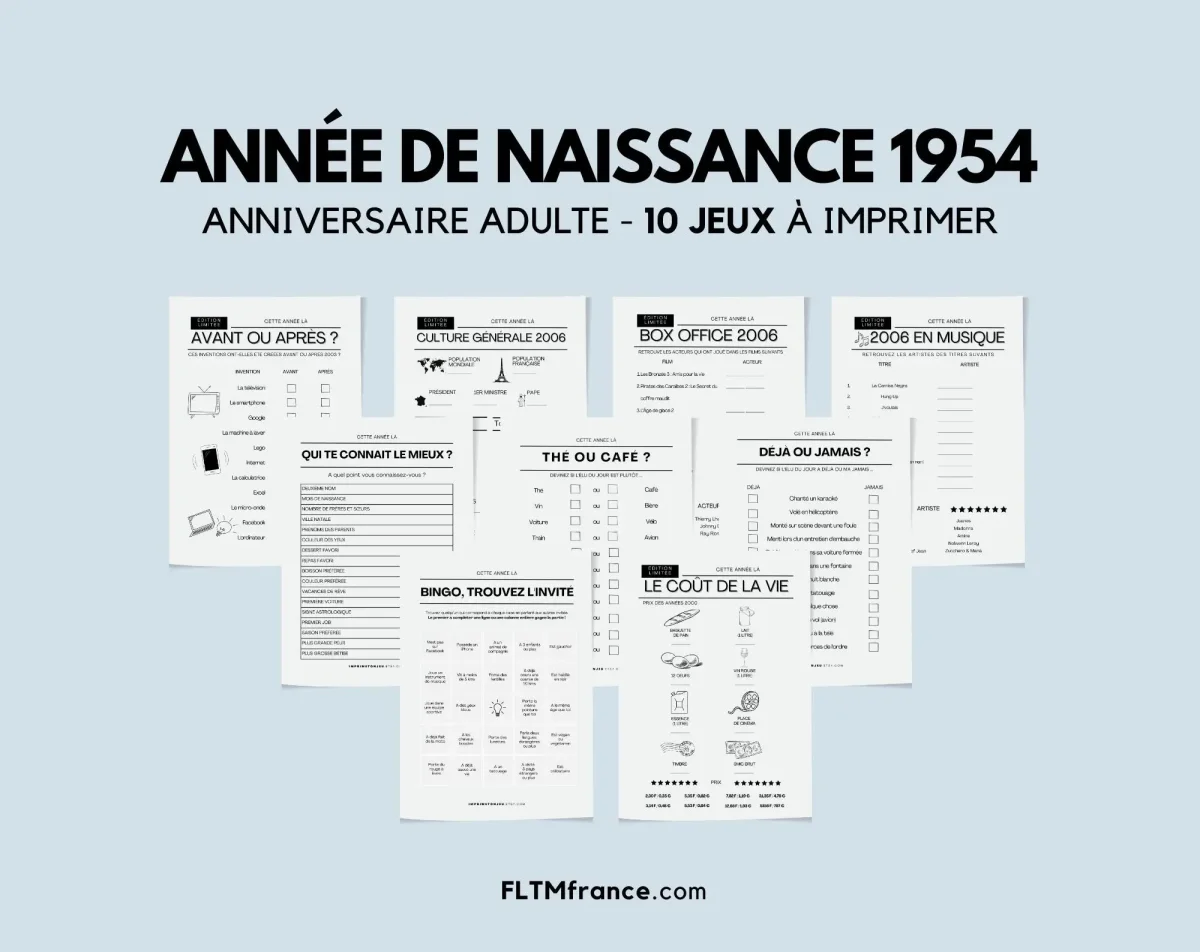 Jeu anniversaire année 1954 - 10 jeux à imprimer
