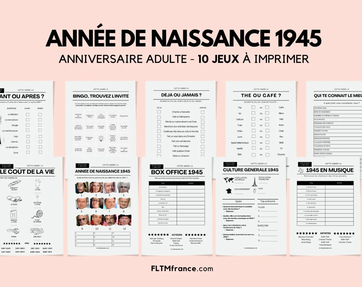 Jeu anniversaire année 1945 - 10 jeux à imprimer pour fêter les 80 ans