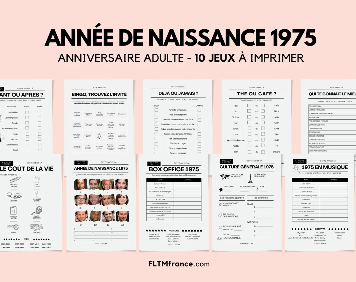 Jeu anniversaire année 1975 - 10 jeux à imprimer pour fêter les 50 ans