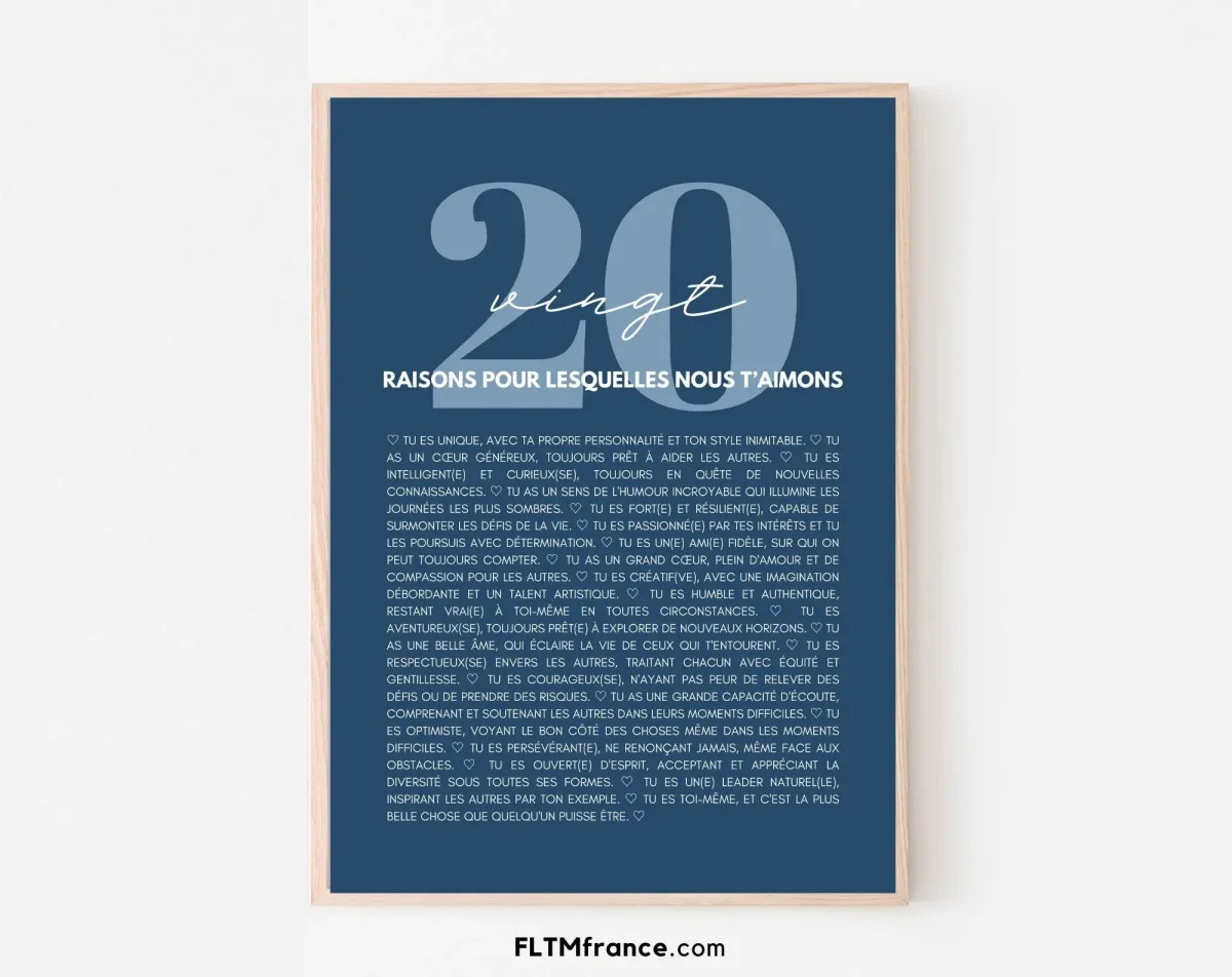 20 raisons pour lesquelles nous t'aimons bleu - Cadeau anniversaire 20 ans